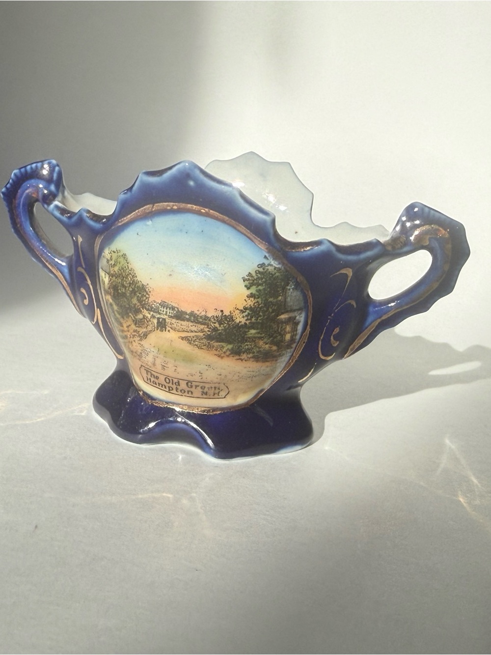 Vintage small Decorative Porcelain Bowl in Deep Blue with Scenic Transfer